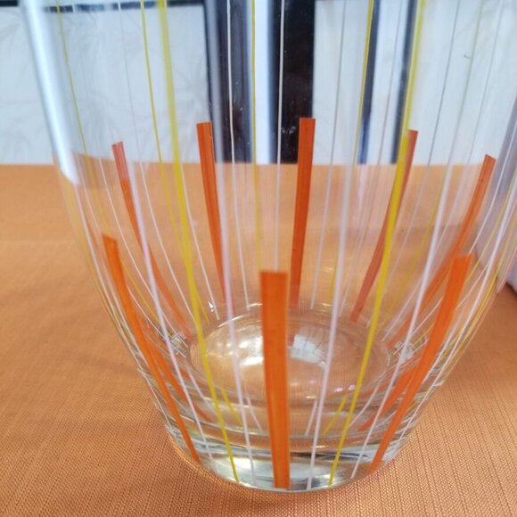 MCM Slender Glass Cocktail Pitcher w/ Orange, Yellow & White Stripes - Picture 2 of 3